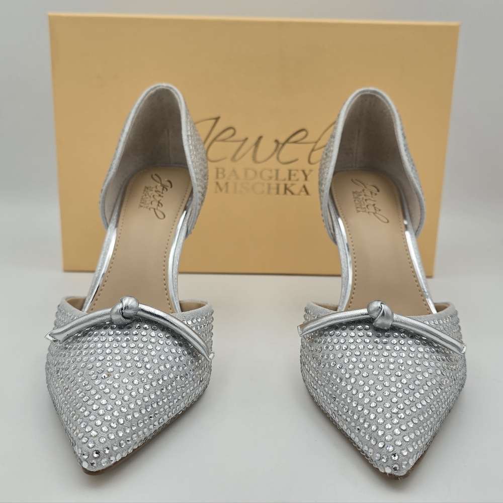 NIB Jewel Badgley Terresa D'Orsay Stiletto Pumps, Silver Textile, Women's Size 7 - Picture 3 of 16